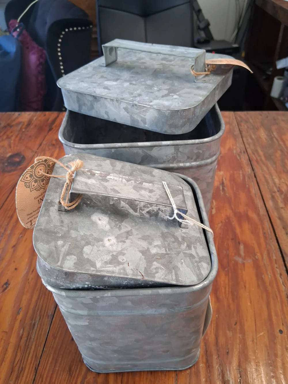 Galvanized Metal Square Lidded Storage Canisters - Set of 2